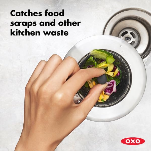 OXO Good Grips Silicone Sink Drain Strainer – Flexible, Easy-to-Clean Kitchen Sink Protector with Stainless Steel Edge, Rust-Resistant & Dishwasher Safe