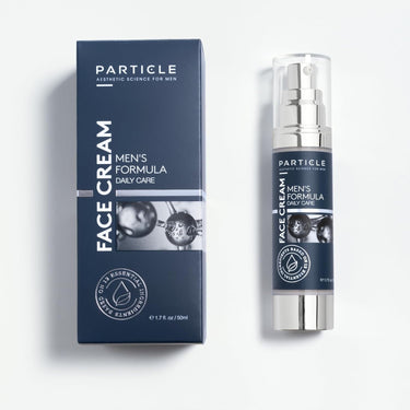 Particle men's face cream with packaging on a white background