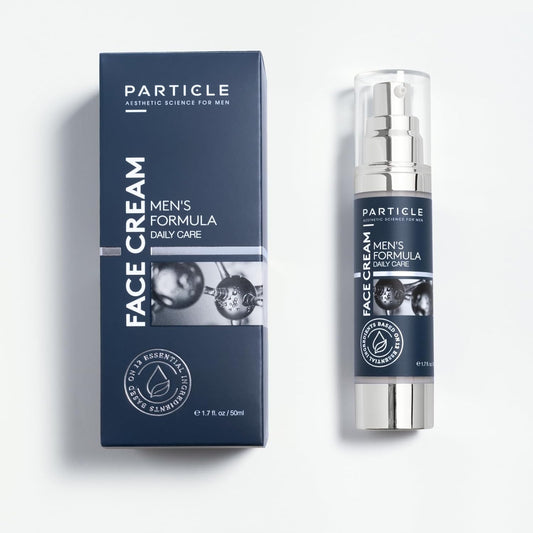 Particle men's face cream with packaging on a white background
