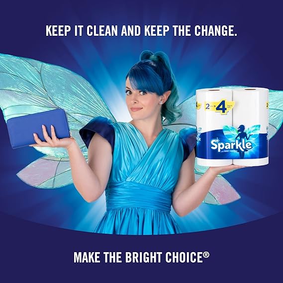 Woman in blue dress holding Sparkle toilet paper with promotional text on a blue background