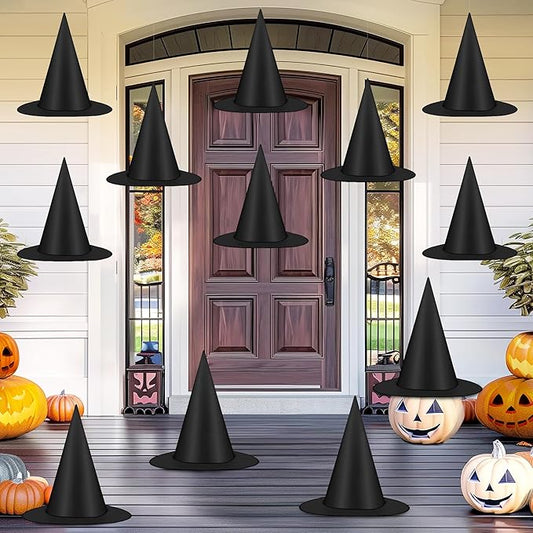 12-Pack Floating Witch Hats – Black Oxford Fabric with 328 ft Nylon Cord | Indoor/Outdoor Halloween Hanging Decor