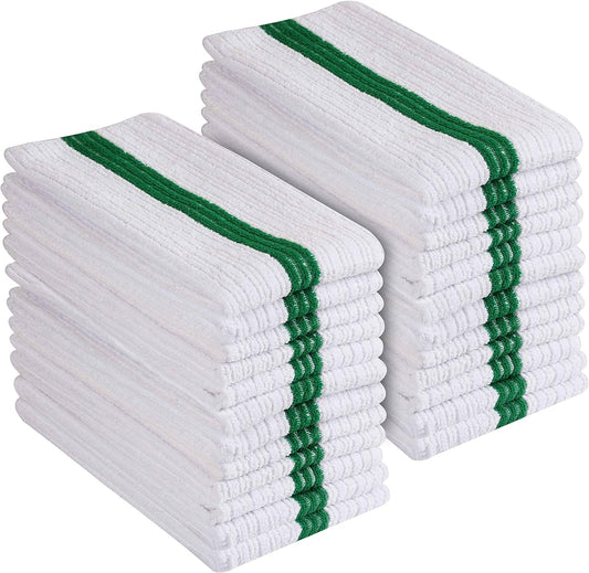 UTowels Premium 24 Pack White with Green Stripe Bar Mop Microfiber Towels for Home, Kitchen, Restaurant Cleaning (White/Green Stripe, 14inx18in)