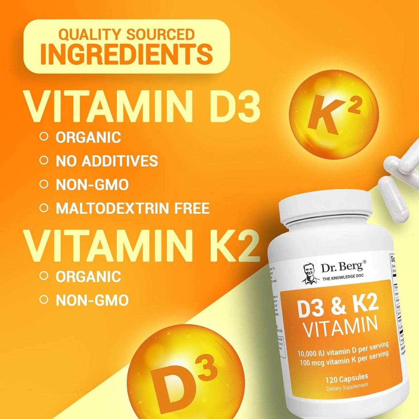 Dr. Berg D3 & K2 Vitamin Supplement for Heart and Bone Health, 120 Capsules