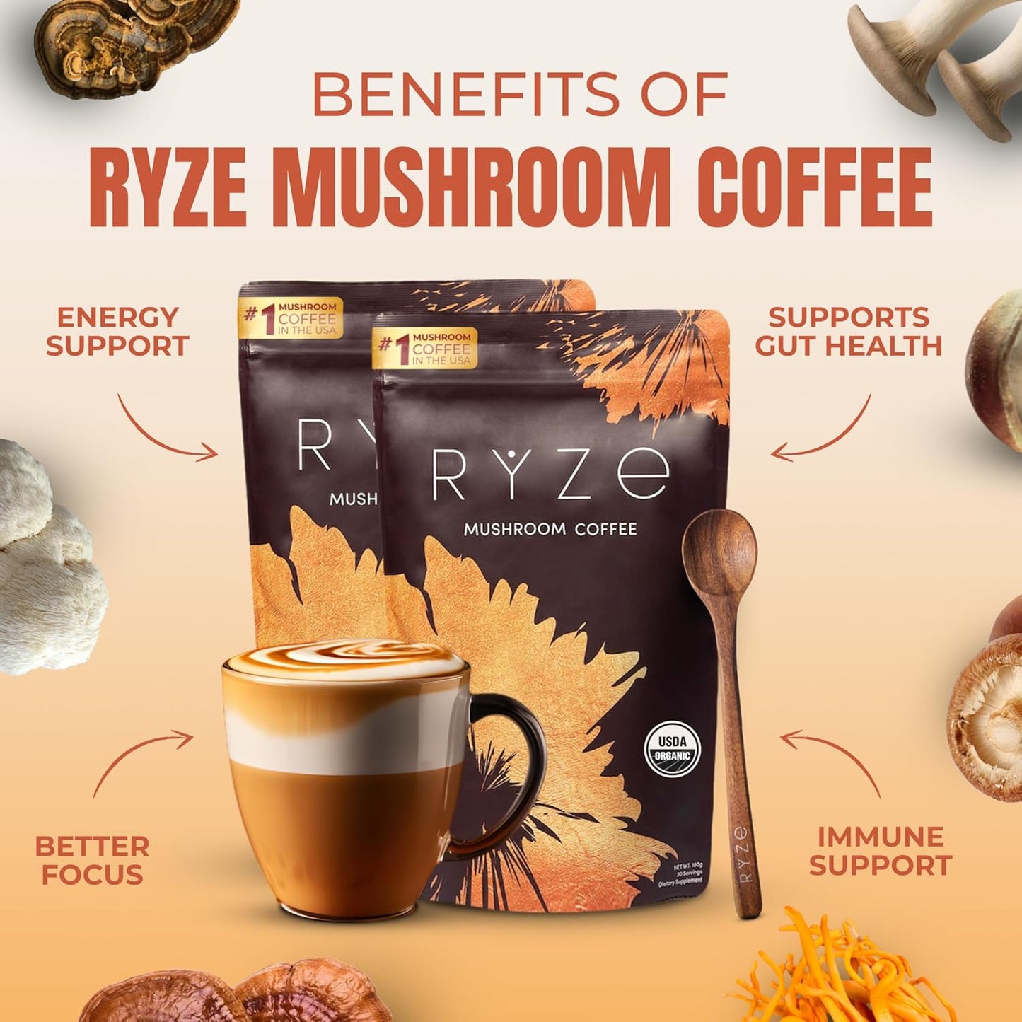Ryze Organic Mushroom Coffee 1 RYZE Spoon 100% Authentic