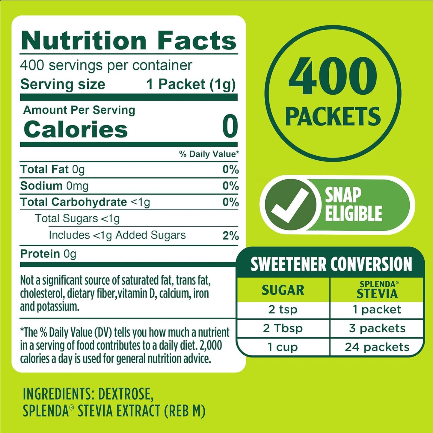 SPLENDA Stevia Zero Calorie Sweetener, Sugar Substitute Packets, 400 Count (Pack of 1)