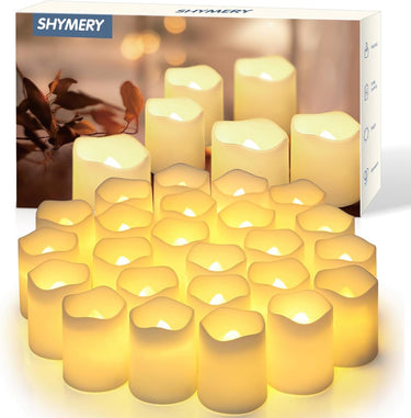 SHYMERY Flameless Votive Candles 24-Pack – 200+ Hr Warm White LED Tea Lights, 1.5″×1.7″ | Safe Flicker Ambient Light for Halloween, Weddings & Tablescapes