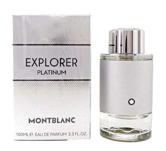 Montblanc Explorer Platinum perfume bottle and packaging on a white background