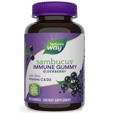 Naturea s Way Sambucus Elderberry Immune Gummies, Daily Immune Support for Kids and Adults*, with Vitamin C, Vitamin D3, Zinc, Gluten Free, Vegetarian, 60 Gummies (Packaging May Vary)