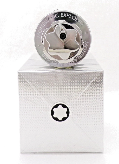 Montblanc Explorer silver cap on a white box with Montblanc logo