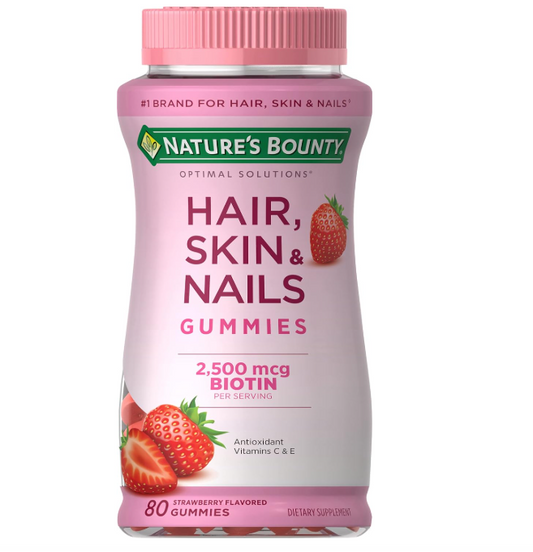 Nature's Bounty Optimal Solutions Hair, Skin & Nails Vitamin Gummies with Biotin, 2500 mcg, Strawberry, 80 Count