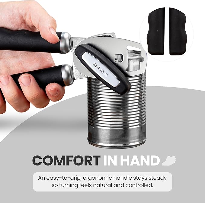 Zulay Kitchen Heavy-Duty Stainless Steel Can Opener with Bottle Opener — Soft-Grip Handles, Smooth Turn Knob, Rust-Proof Finish (Black)