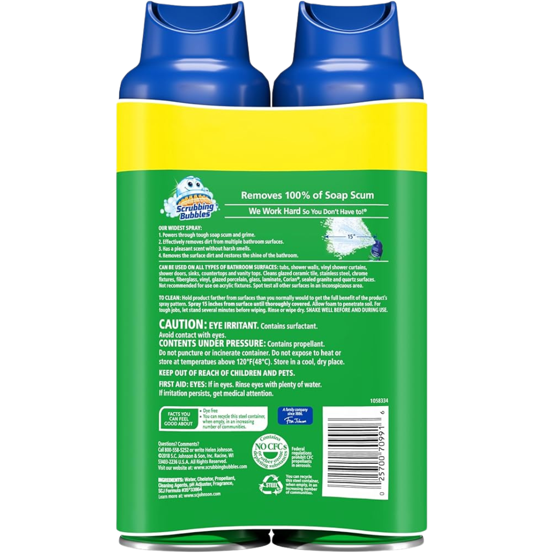 Two Scrubbing Bubbles bottles with a green label on a white background