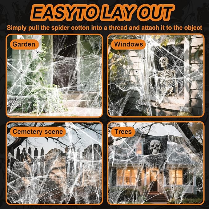 Land Guard 1000 sq ft Stretch Spider Web + 50 Fake Spiders | Indoor/Outdoor Halloween Cobweb Decor