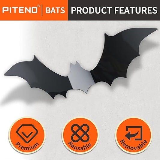Piteno® 140-Piece Realistic 3D Bat Stickers – PVC Halloween Wall & Window Decals for Spooky DIY Decor