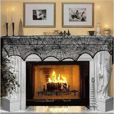 AerWo Halloween Fireplace Mantle Scarf – Black Lace Spiderweb, 18″ × 96″ | Gothic Chic Halloween Decor