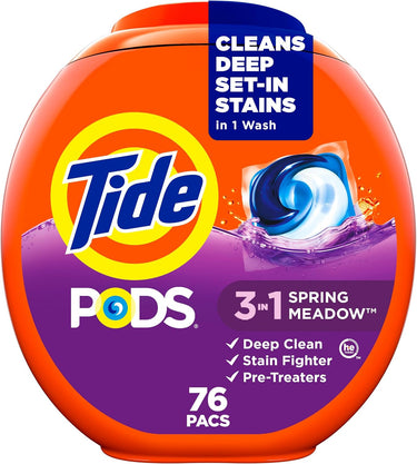 Tide PODS 3-in-1 Laundry Detergent Pacs – Spring Meadow Scent, 76-Count | HE-Compatible, Stain & Odor Fighter