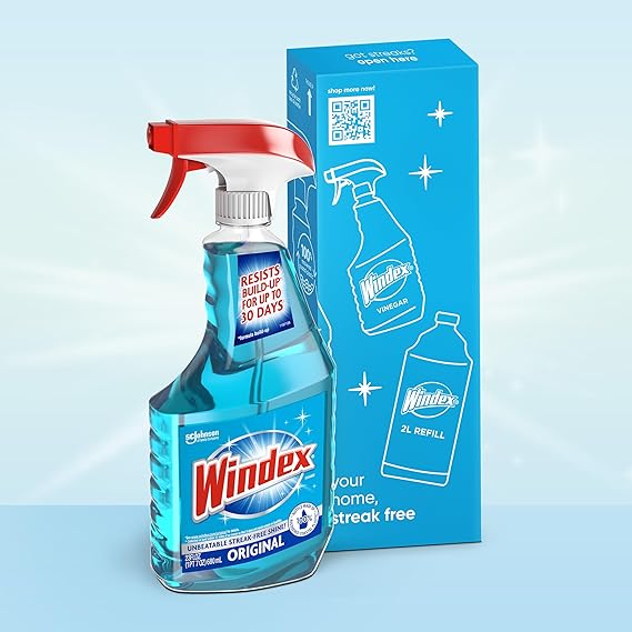 Windex Glass and Window Cleaner Spray – Original Blue Scent, 23 fl oz Leak-Resistant Bottle – Streak-Free Surface Cleaning Spray for Windows, Mirrors & Glass
