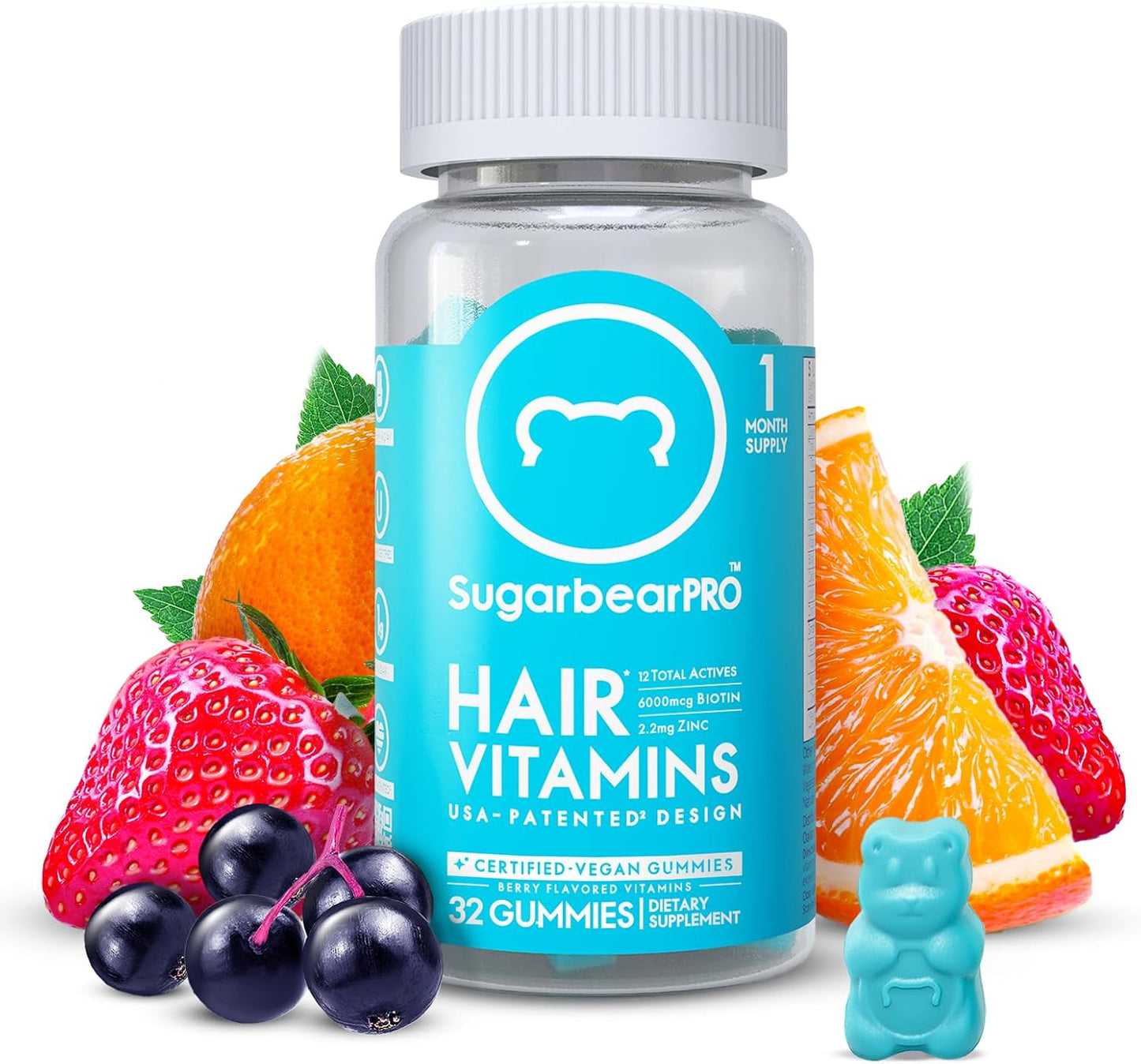SugarBearPro Hair Vitamin Gummies – Extra Strength Biotin 6000 mcg, Vegan 1‑Month Supply for Hair Growth (Men & Women)