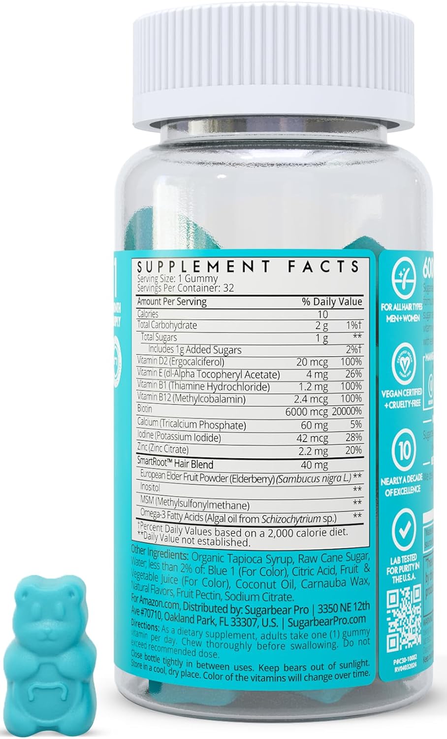 SugarBearPro Hair Vitamin Gummies – Extra Strength Biotin 6000 mcg, Vegan 1‑Month Supply for Hair Growth (Men & Women)