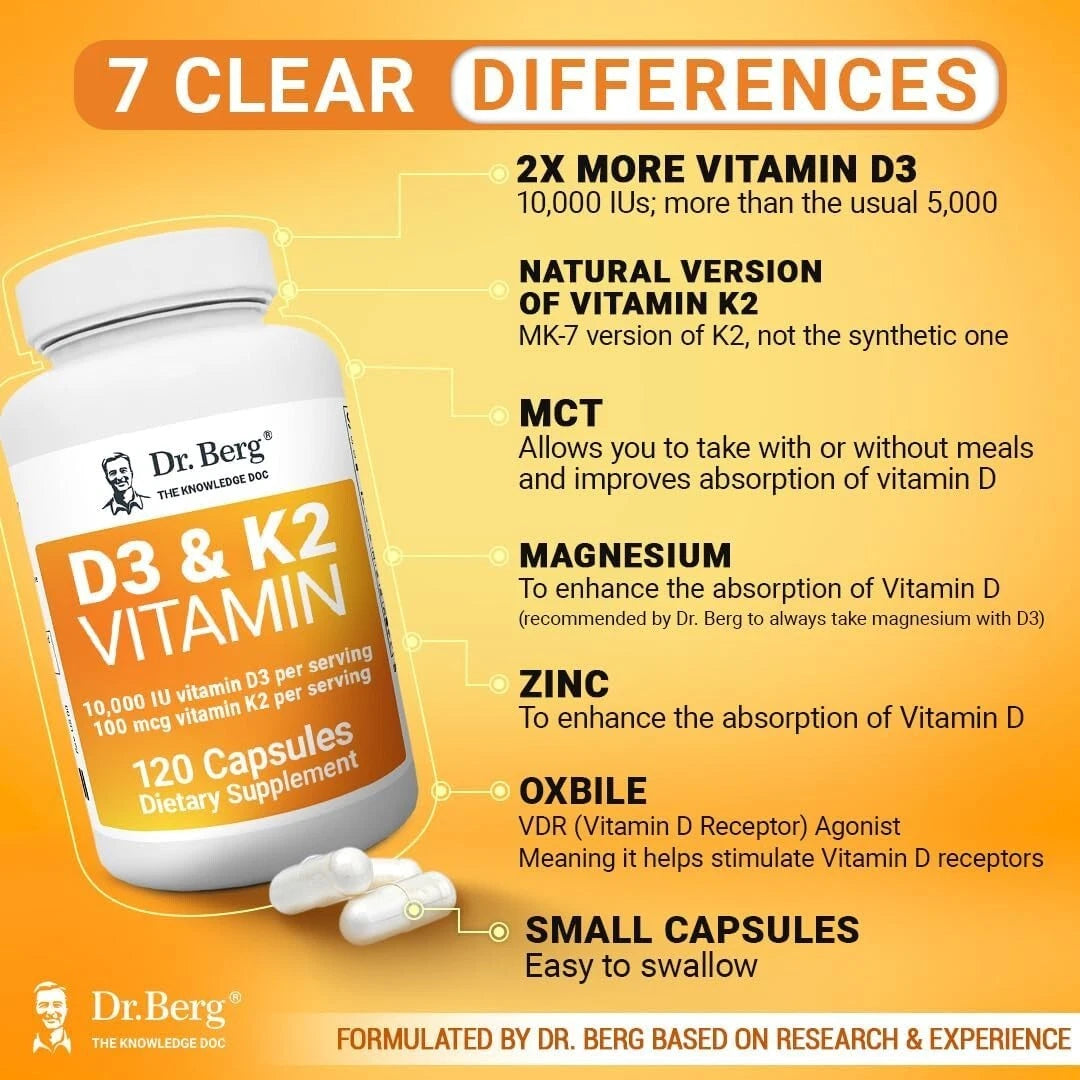 Dr. Berg D3 & K2 Vitamin – 120 Capsules (10,000 IU D3 + 100 µg K2 MK‑7) for Bone & Heart Health