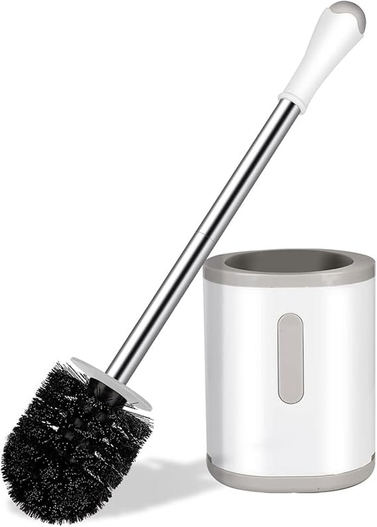 Compact Toilet Brush & Holder – Space-Saving Bathroom Cleaning Tool with Stainless Steel Handle, Drip-Proof Storage & Deep Cleaning Nylon Bristles (White & Grey)