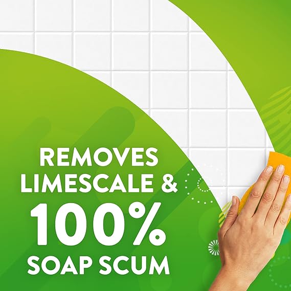Hand scrubbing a surface with text indicating limescale and soap scum removal on a green and white background.