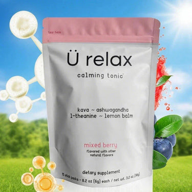 Package of 'Ü relax calming tonic' with natural elements and blue sky background