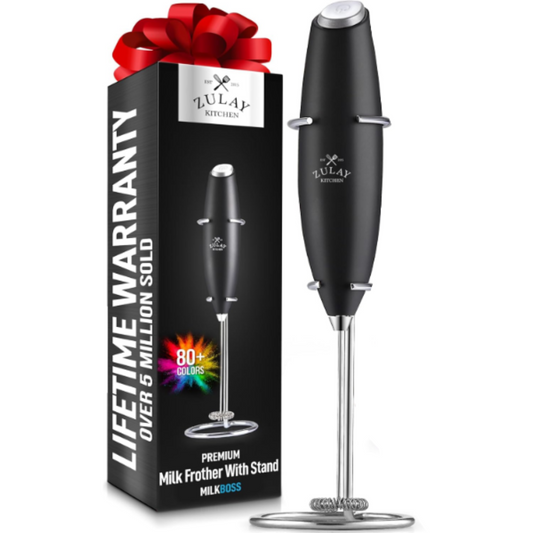 Zulay Kitchen Powerful Milk Frother Wand with 2 Duracell Batteries – Ultra-Fast Handheld Electric Whisk for Coffee, Lattes, Cappuccino, Matcha & Hot Chocolate (Black)