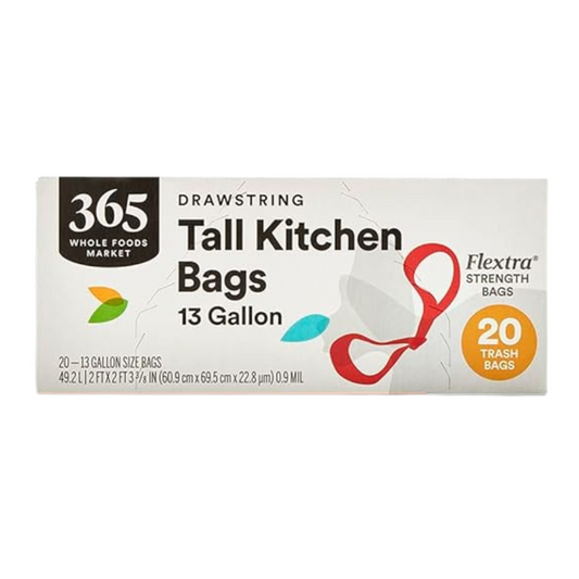 365 by Whole Foods Market Flextra Strength Tall Kitchen Trash Bags – 13 Gallon Drawstring Bags, Durable & Tear-Resistant Garbage Bags, 20 Count