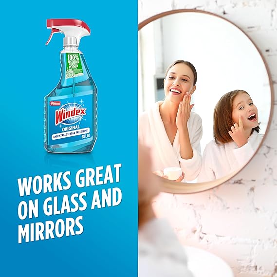 Windex Glass and Window Cleaner Spray – Original Blue Scent, 23 fl oz Leak-Resistant Bottle – Streak-Free Surface Cleaning Spray for Windows, Mirrors & Glass