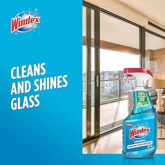 Windex Glass and Window Cleaner Spray – Original Blue Scent, 23 fl oz Leak-Resistant Bottle – Streak-Free Surface Cleaning Spray for Windows, Mirrors & Glass