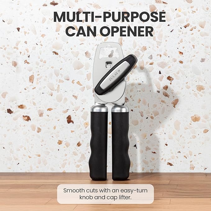 Zulay Kitchen Heavy-Duty Stainless Steel Can Opener with Bottle Opener — Soft-Grip Handles, Smooth Turn Knob, Rust-Proof Finish (Black)
