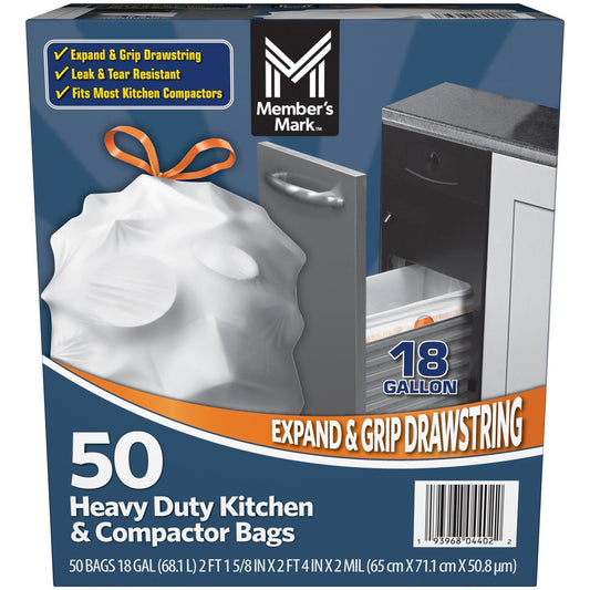 Member’s Mark Heavy‑Duty 18 Gallon Kitchen & Compactor Trash Bags – 2 Mil Thick, Leak & Tear Resistant, Drawstring Grip, 50‑Count Box