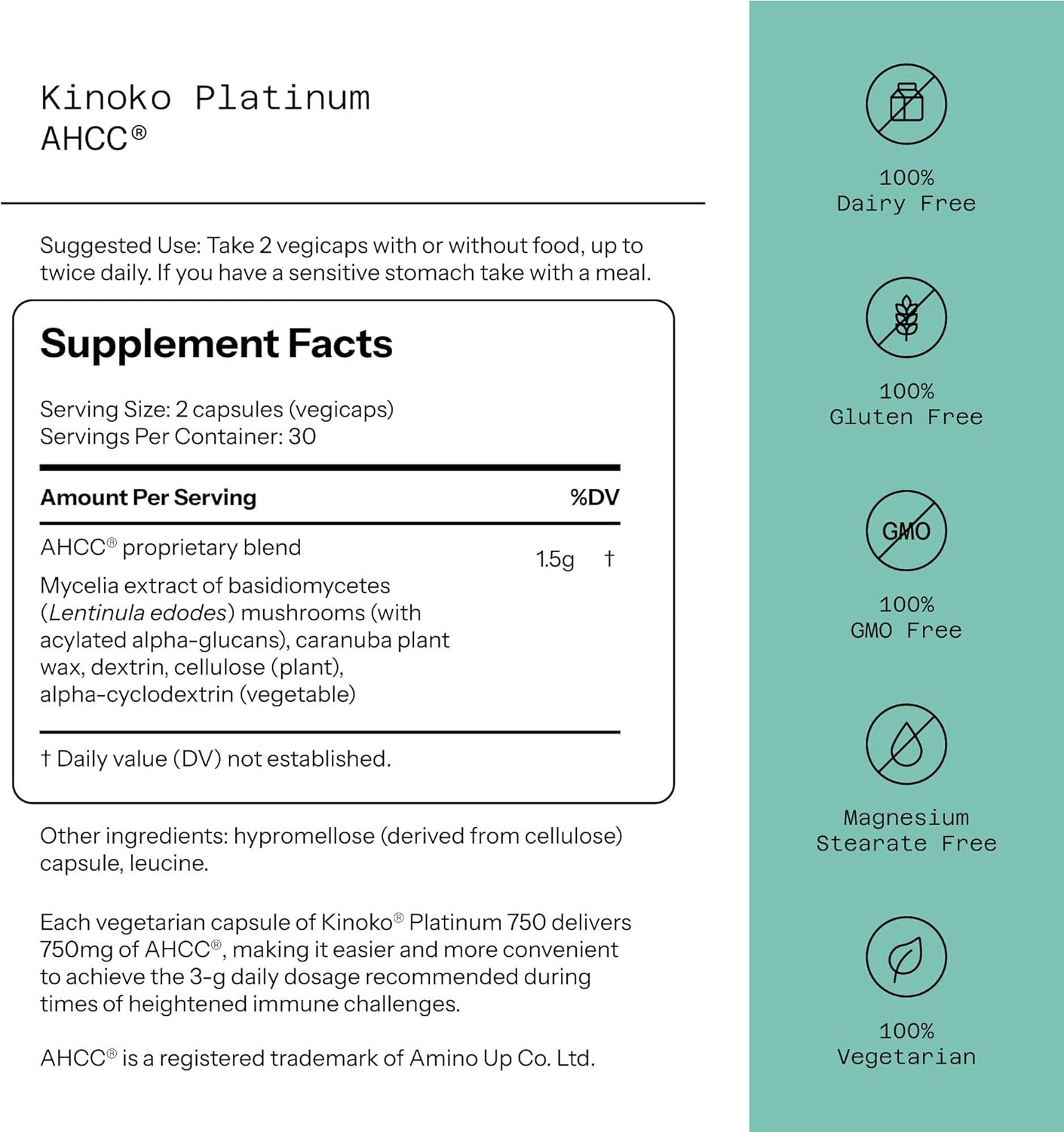 Quality of Life Labs Kinoko Platinum AHCC 750 mg – 60 Vegi‑Capsules for Advanced Immune Support & Energy