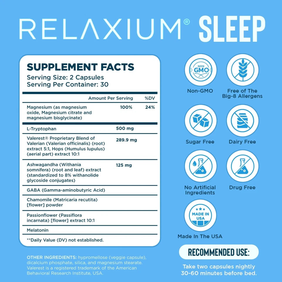 Relaxium Sleep Aid – Melatonin 5 mg & Magnesium Glycinate Capsules, 30 Count – Triple‑Action Non‑Habit Forming Formula