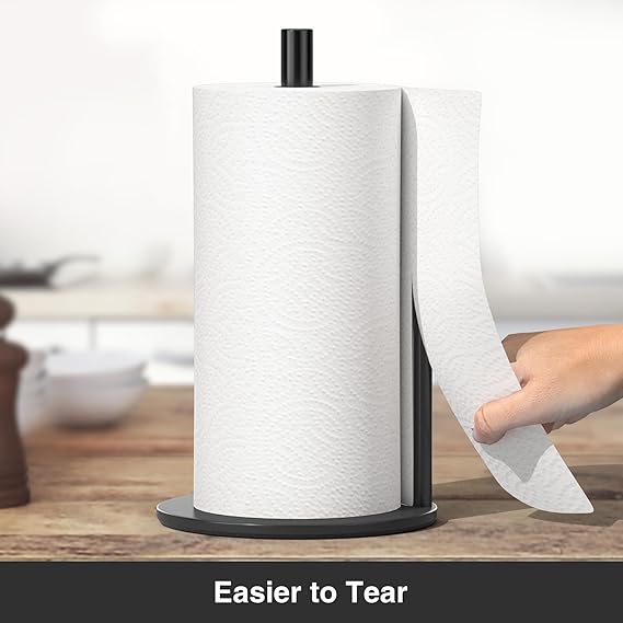 Black Paper Towel Holder – Premium Stainless Steel Kitchen Roll Dispenser with Weighted Base, Countertop Roll Organizer for Easy Tear & Stable Use