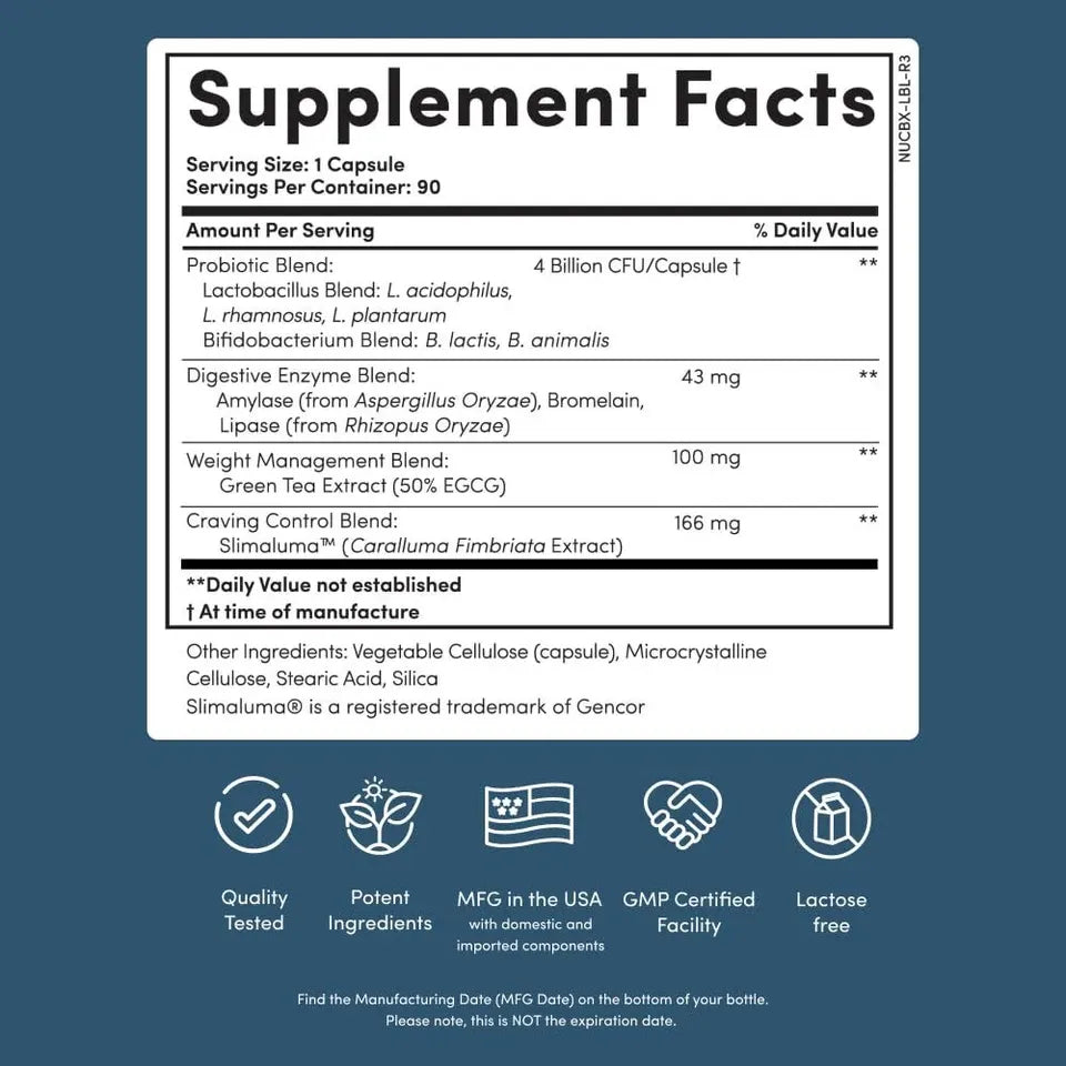 Nucific® Bio-X4 4-in-1 Weight Management Probiotic Supplement – Digestive Support, Craving Control & Metabolism Boost – 90 Capsules