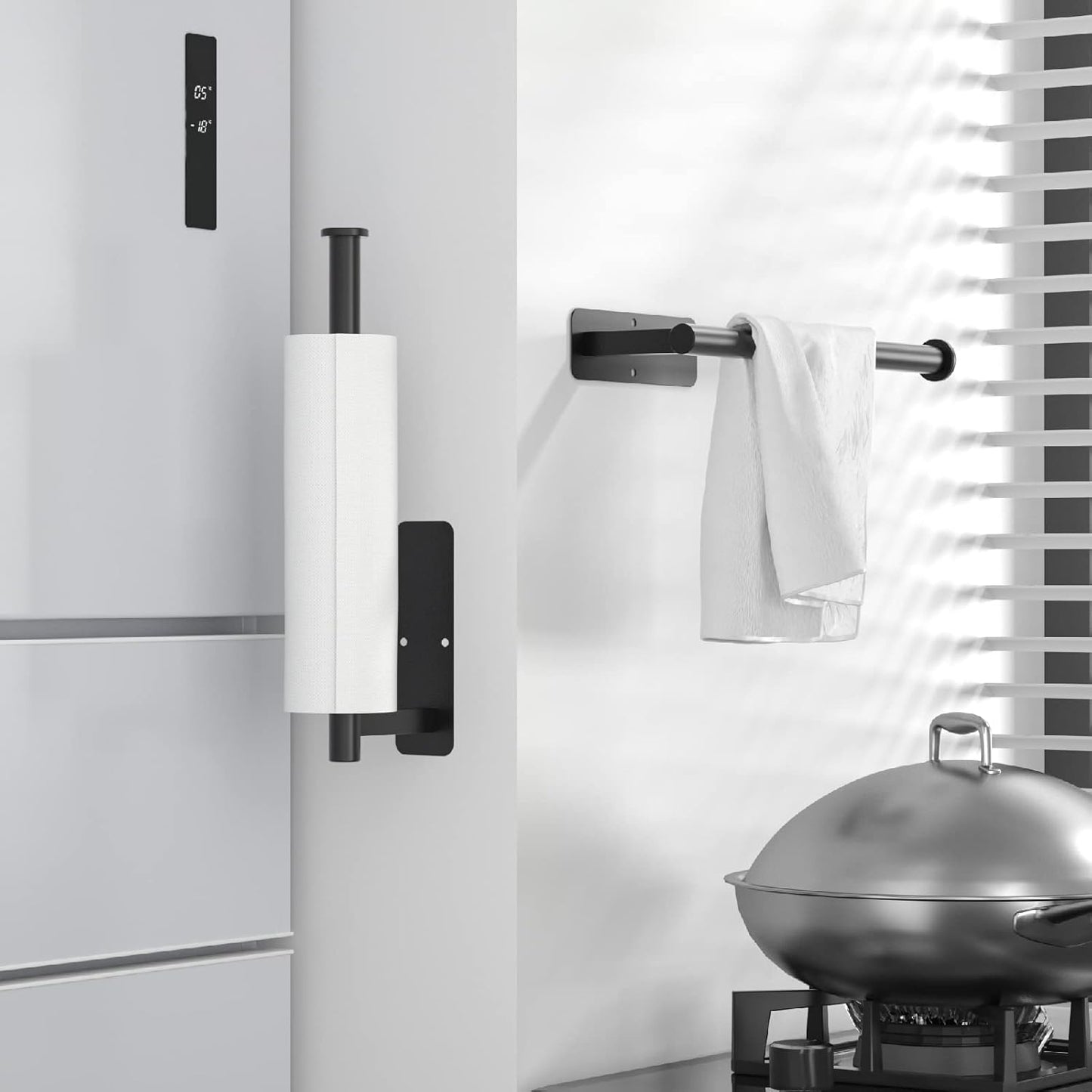 Wall-mounted towel rack with a white towel in a kitchen setting