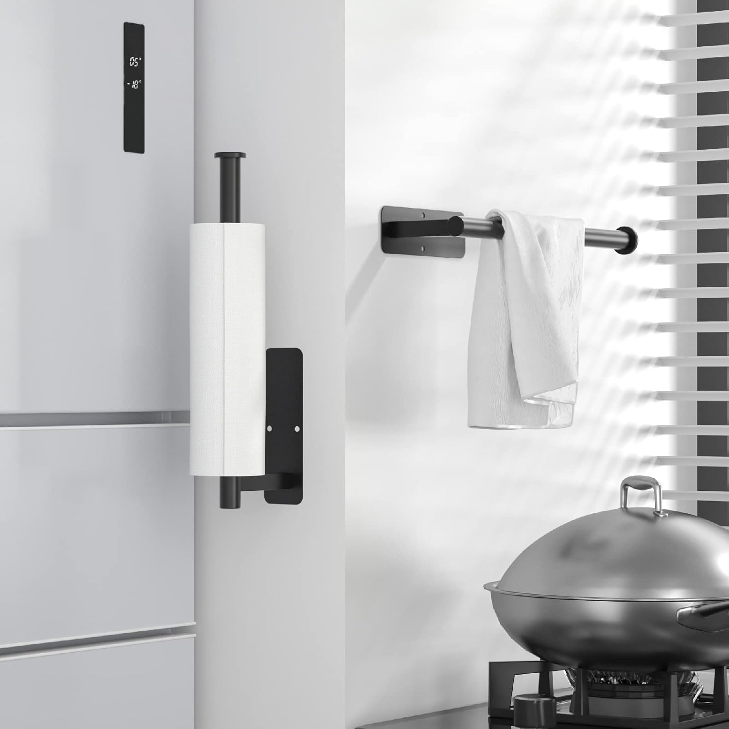 Wall-mounted towel rack with a white towel in a kitchen setting