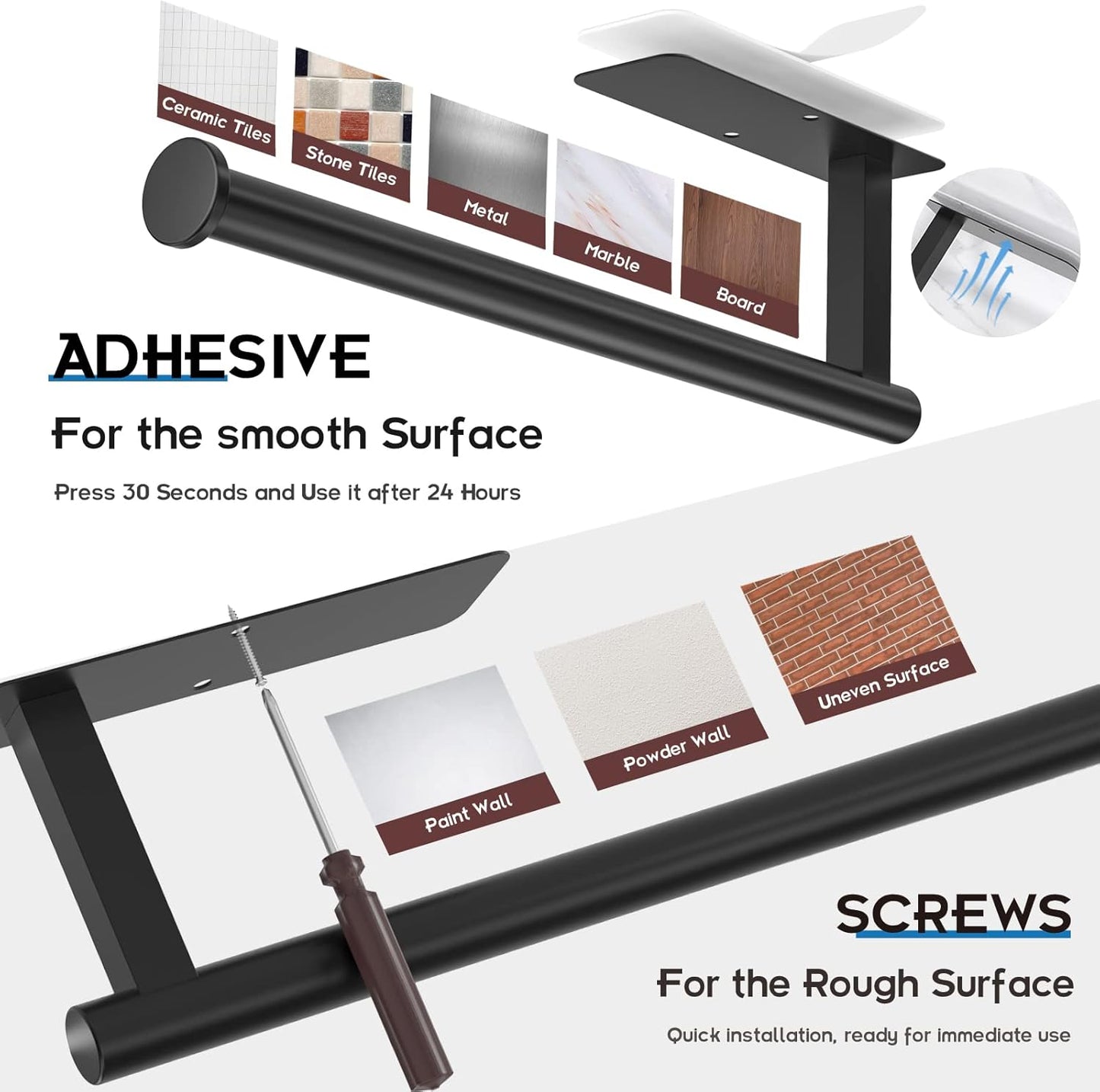 Product display with adhesive and screws for different surface conditions.