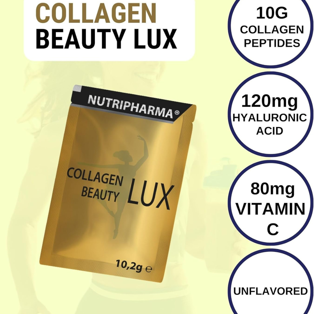 Collagen Beauty Lux, Hydrolyzed Collagen Peptides Powder for Women & Men, Promotes Hair, Nail, Skin,Unflavored Collagen Powder with Hyaluronic Acid and Vitamin C, 1 Serving, 0,36 oz