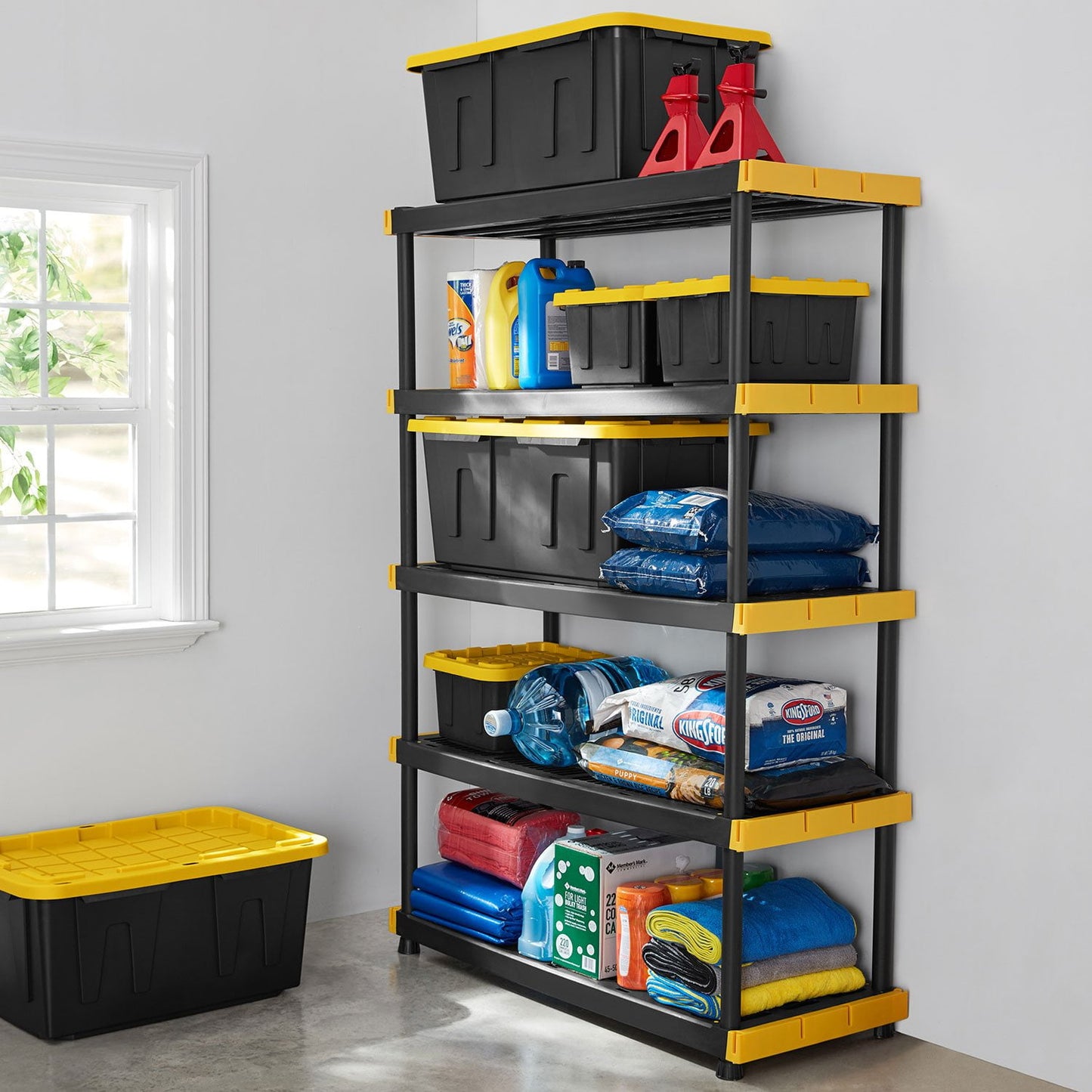 Member’s Mark 27‑Gallon Heavy‑Duty Black & Yellow Storage Tote – Stackable, Lockable with Snap-Tight Lid (20.6″D × 30.6″W × 14.3″H)