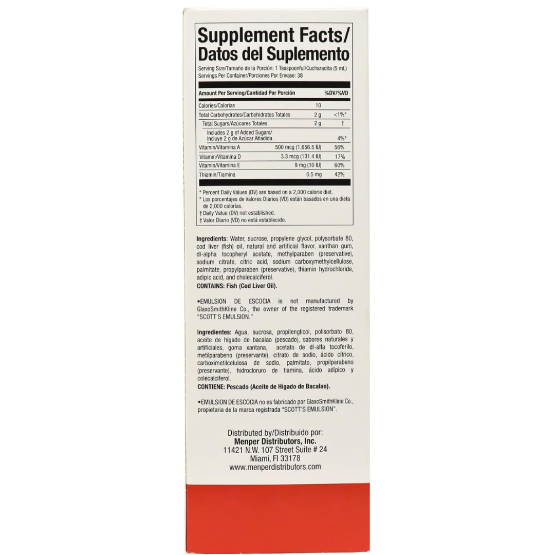 Cod Liver Oil - Dietary Supplement with Vitamins A, B1, D, and E, Vanilla Flavor, 6.5 Fl Oz