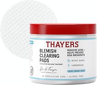 Thayers Blemish Clearing Acne Pads, Salicylic Acid Acne Treatment for Face, Pore Reducing, Exfoliating, and Soothing Skincare, Witch Hazel Toner Pads, 60 Ct