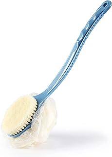 Shower Body Brush with Bristles and Loofah,Back Scrubber Bath Mesh Sponge with Curved Long Handle for Skin Exfoliating Bath, Massage Bristles Suitable for Wet or Dry, Men and Women (Blue)