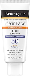 Neutrogena Clear Face Sunscreen Lotion for Acne-Prone Skin, Broad Spectrum SPF 50, Sunscreen for Face & Oily Skin, Oil-,Fragrance- & Oxybenzone-Free, Water Resistant, Matte, Unscented, 3 Fl Oz