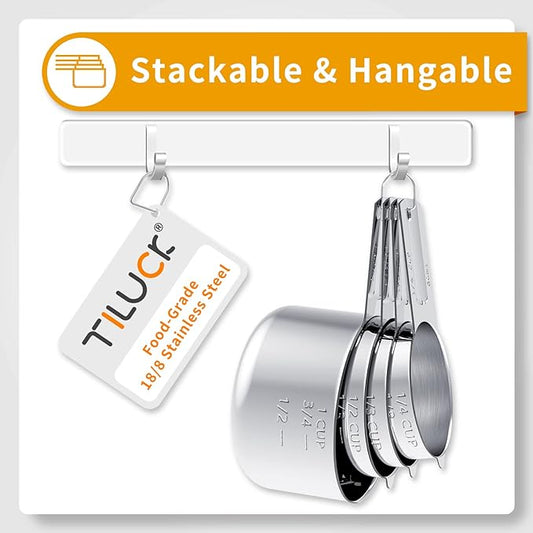 TILUCK 10‑Piece Stainless Steel Measuring Cups & Spoons Set – 4 Cups + 6 Spoons, Engraved Sizes, Stackable & Dishwasher Safe