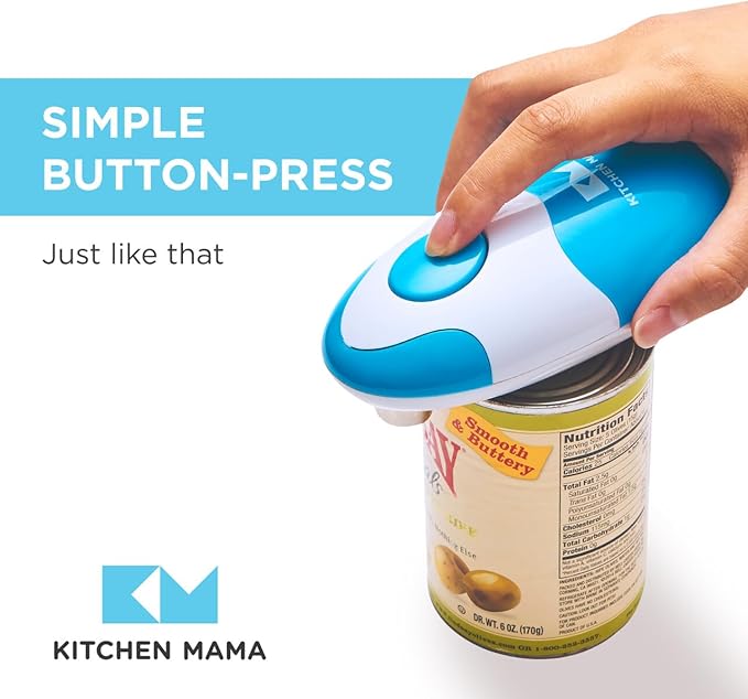 Kitchen Mama Auto Electric Can Opener – Cordless, Battery-Operated, One-Touch with Smooth Edge Lid Removal (Sky Blue)