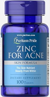 Puritan's Pride Zinc for Acne Skin Formula with Vitamins C, B-6, A, and E for Men and Women, Dietary Supplement for Clear Healthy Skin, Immune System, Cell Division and Growth Support, 100 Tablets