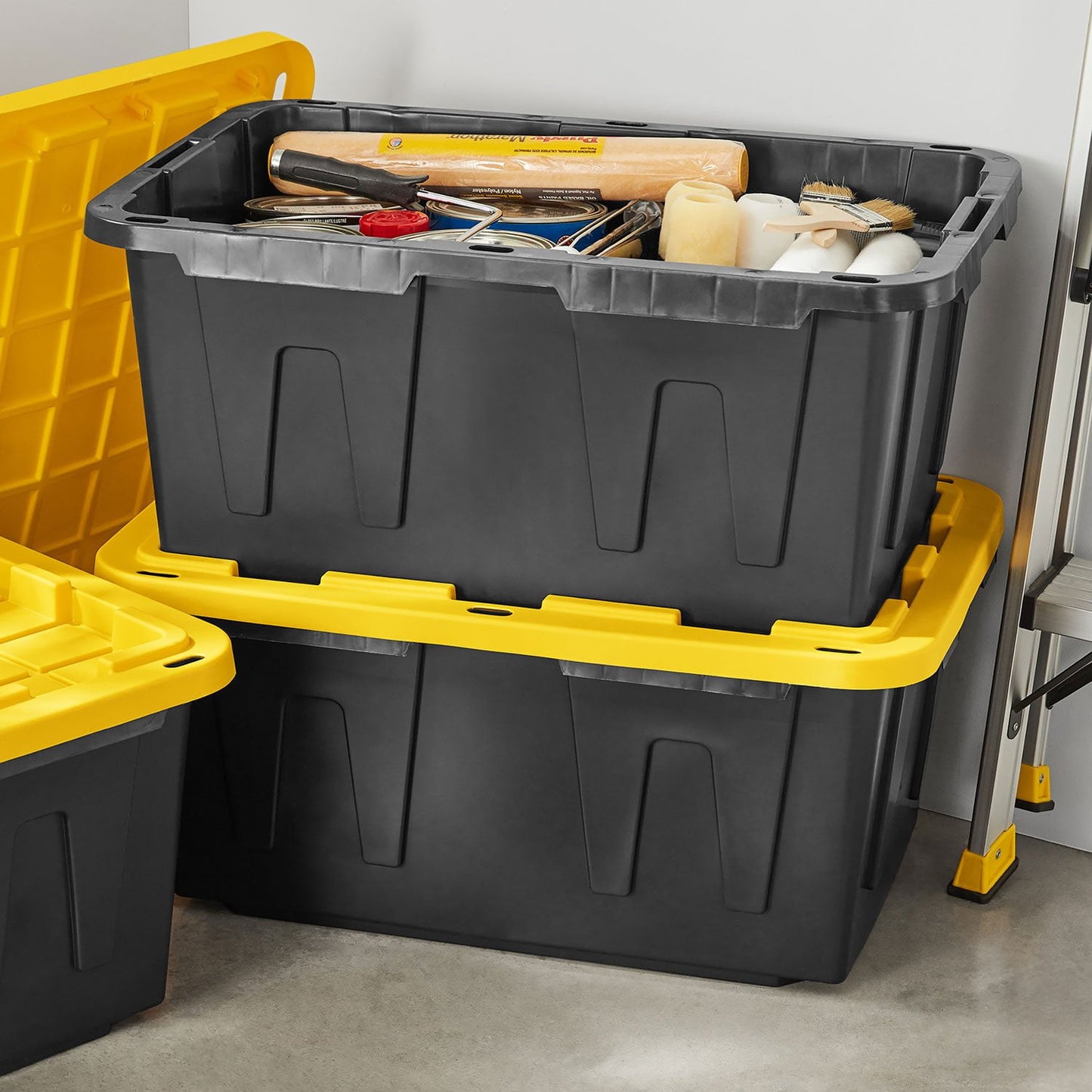 Member’s Mark 27‑Gallon Heavy‑Duty Black & Yellow Storage Tote – Stackable, Lockable with Snap-Tight Lid (20.6″D × 30.6″W × 14.3″H)